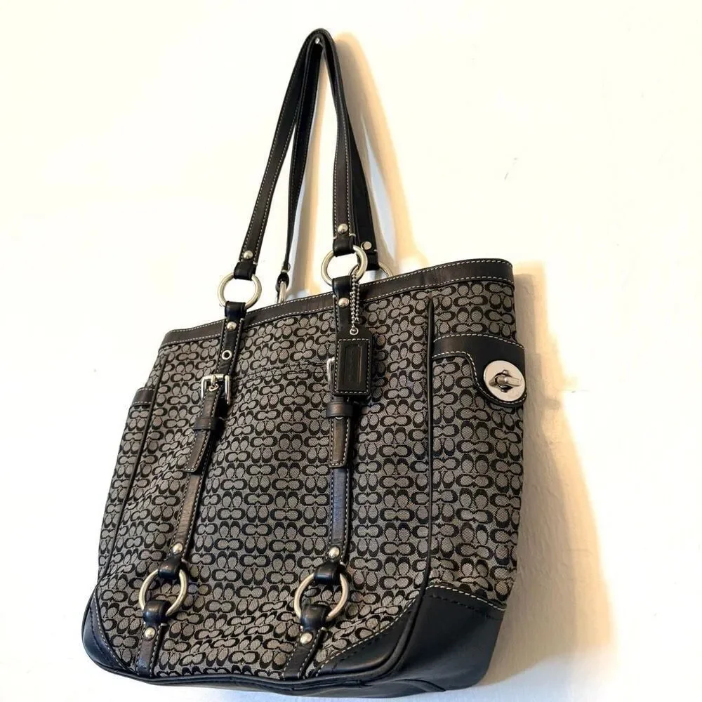 Vintage Coach Signature Gallery Monogram Canvas Leather Black Gray Tote Bag